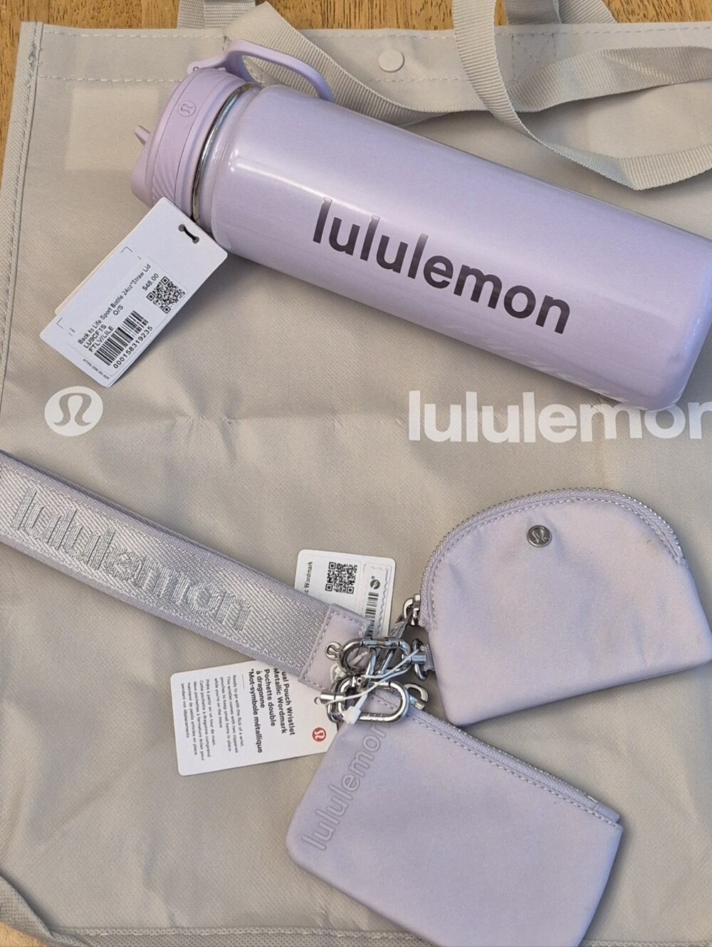 Lululemon SET Faint Lavender Logo Water Bottle & Dual Pouch Wristlet + Gift Bag